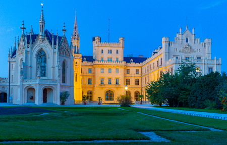View on the medieval castle Lednice in evening. South Moravian region. Czech Republicのeditorial素材