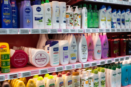 BARCELONA, SPAIN - NOVEMBER 07, 2019: Variety of hair care treatments on showcase in cosmetic boutiqueのeditorial素材