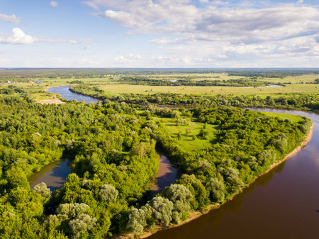 Panoramic view of gulf meadows at the river Klyazma River, Russia