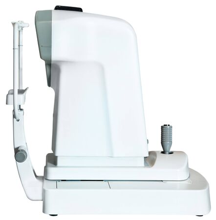 Closeup of modern auto refractometer in optical store. Technologies in eye diagnostic medicine. Isolated over white backgroundの写真素材