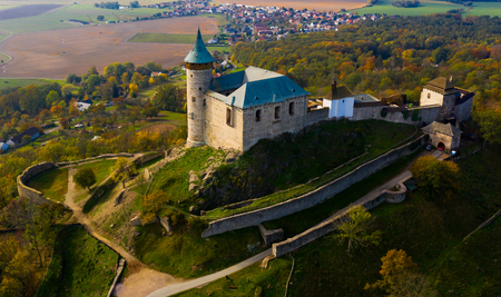 Scenic aerial view of impressive medieval Kuneticka Hora Castle on sunny autumn day, Pardubice Region, Czech Republicのeditorial素材