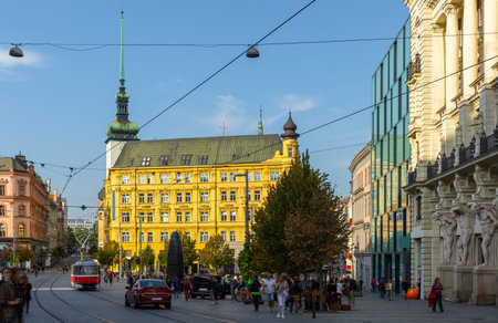 View of Svoboda Square (Namesti Svobody), main square in Brno city centre overlooking belfry of...