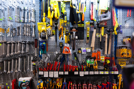 BARCELONA, SPAIN - OCTOBER 22, 2019: Hand tools for repairing on display in supermarket