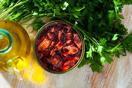 Opened tin can of giant squid tentacles in Galician sauceの写真素材