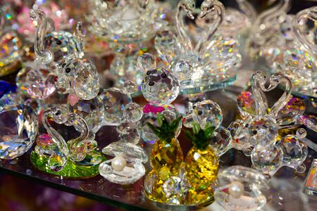 Original Bohemian art glass figures and glassware on display in czech souvenir shop 

の写真素材