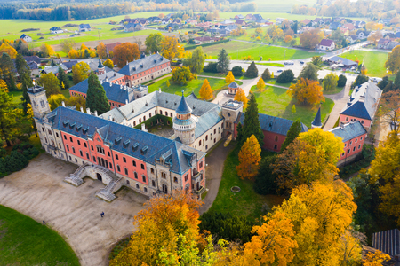 Fall view from drone of medieval Sychrov Castle, Czech Republicのeditorial素材