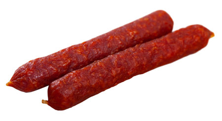 Appetizing Tyrolean hunter sausages traditionally lightly smoked over beech wood and dried in air. Isolated over white backgroundの写真素材