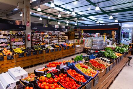 BARCELONA, SPAIN - NOVEMBER 14, 2019: Colorful counter with large assortment of fresh fruits and vegetables for sale in eco products storeのeditorial素材