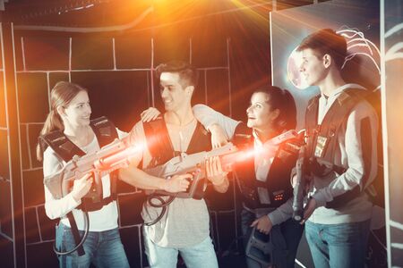 Portrait of the winners in the game laser tagの写真素材