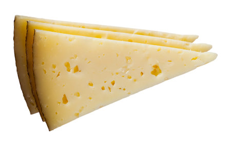 Appetizing slice of semi-hard cheese. Isolated over white background