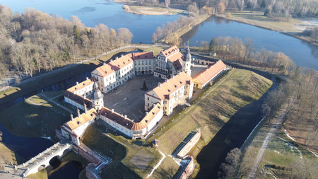 Panoramic view of historical Nesvizh Castle in Minsk region, Belarus