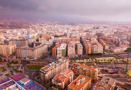 Panoramic view from drone of andalusian town Almeria, Spain, at eveningの写真素材