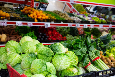 View of showcase with fresh ripe fruits and vegetables in greengroceryの写真素材