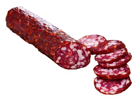 Appetizing dry smoked Braunschweig sausage with rosemary. Isolated over white backgroundの写真素材