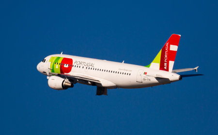 BARCELONA, SPAIN - FEBRUARY 2, 2020: View of CS-TTK Airbus A319 of TAP Air Portugal Airlines flies...