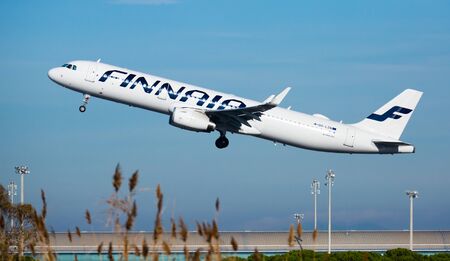 BARCELONA, SPAIN - FEBRUARY 2, 2020: Airbus A321 with OH-LZN registration, Finnair Airlines, getting take off the runway at El Prat Airport (BCN)のeditorial素材