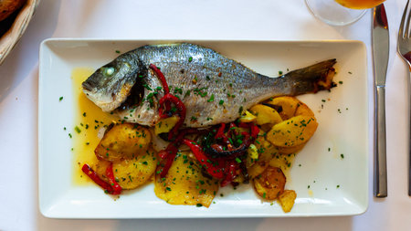 Top view of whole dorada baked and served at plate with fried potatoes and paprika