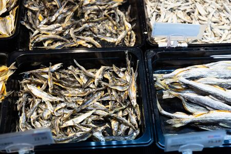 Assortment of cured fish in russian food storeの写真素材