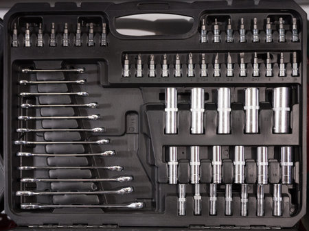 Closeup toolkit set of manual tools in box