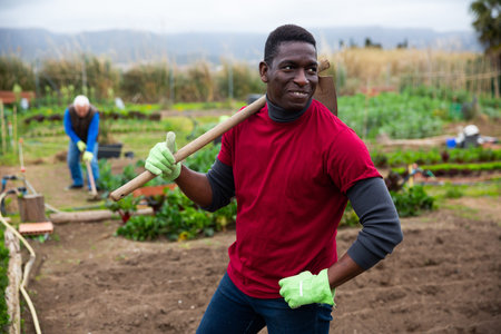 African american man horticulturist with mattock  in  garden outdoor
