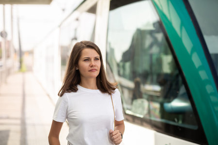 Portrait of young woman waiting tram on light rail station
