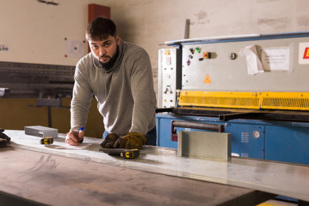 Skilled man  worker working with measuring tape  in workshop