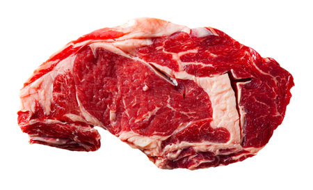 Raw juicy veal steak with herbs ready for cooking. Isolated over white backgroundの写真素材