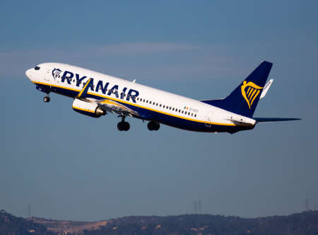 BARCELONA, SPAIN - FEBRUARY 2, 2020: Passenger EI-DCO Ryanair Airlines Boeing 737 taking off from Barcelona-El Prat Airportのeditorial素材