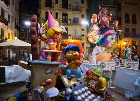 Valencia, Spain - March 18, 2019: Huge colorful dolls made of cardboard, paper-mache and polystyrene...