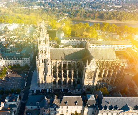 View from drone of Cathedral of St Gatien, Tours, France, on sunrise