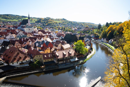Cesky Krumlov, Czech Republic - October 12, 2019: Ancient historical houses in Cesky Krumlov....