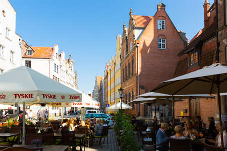 GDANSK, POLAND - MAY 12, 2018: Picturesque architecture of popular tourist street Long Market in Gdanskのeditorial素材