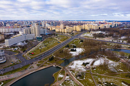 MINSK, BELARUS - JANUARY 1, 2020: Aerial cityscape of city center of Minsk with modern buildingsのeditorial素材