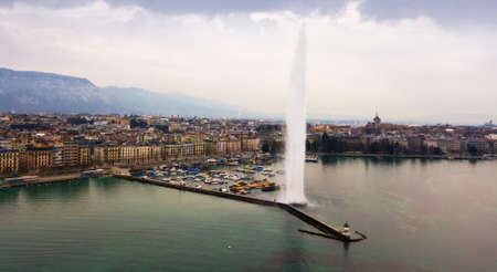 Aerial view of the fountain on the Lake Leman. Geneva. Switzerlandのeditorial素材