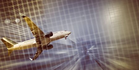 Airliner in motion on background of high speed traveling in skyの写真素材