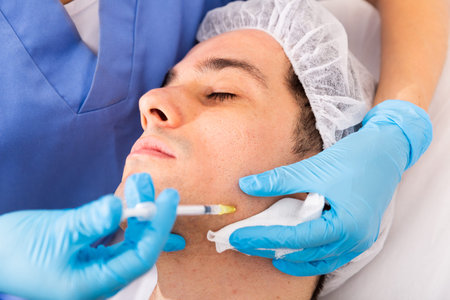 Young male patient getting injections for face skin tightening at aesthetic cosmetology clinicの写真素材