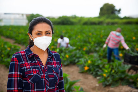 Portrait of confident latin american female farmer wearing protective face mask during harvest on courgettes field. Forced precautions during coronavirus pandemicの写真素材