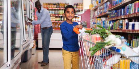 Preteen African American boy carrying full grocery cart after shopping in grocery shopの写真素材