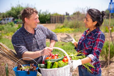 Happy family of gardeners chatting and holding harvest of vegetables outdoorの写真素材