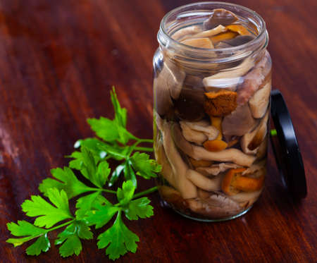Close-up of delicious marinated mushrooms assortedの写真素材