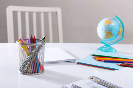 School stationery on deskの写真素材
