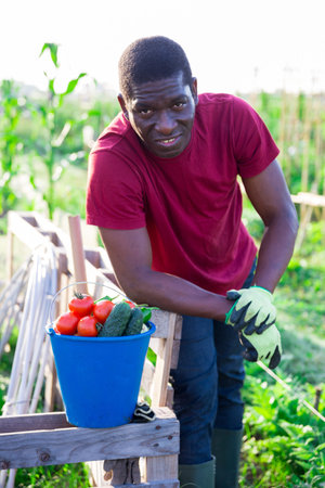 Man posing in garden with harvested vegetablesの写真素材