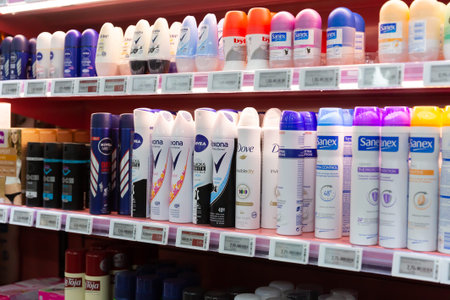 Deodorants on shelves of cosmetic shop