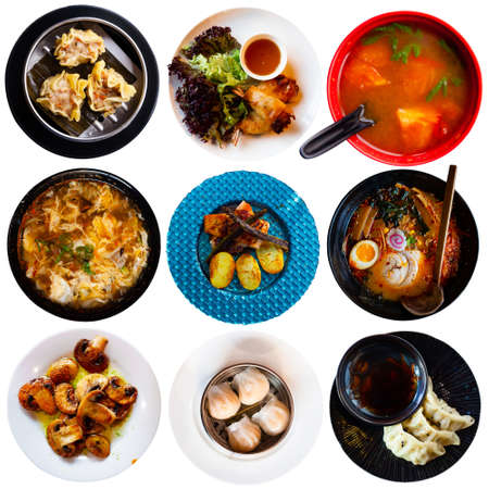Deliciously japanese dishes with fish, meat and vegetablesの写真素材