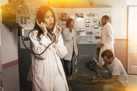 Young woman talking on telephone in lost room-bunker