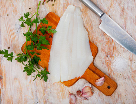 Raw seafood, fresh fillet halibut fish