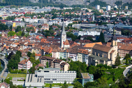 Chur townscape with church of St. Martin and Catholic Cathedral, Switzerland