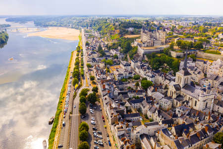 Drone view of ancient Chateau and church in Saumur , Franceの写真素材