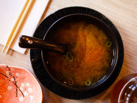 Japanise meal misoshiru erved in the bowlの写真素材