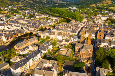Drone view of summer cityscape of Espalion on Lot river, Franceの写真素材
